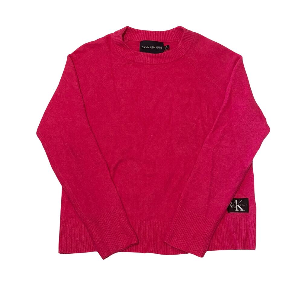 Calvin Klein Jeans Sweater Womens Large Hot Pink Pullover Crewneck Logo Patch